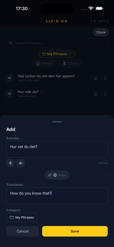 Add your own phrase screen