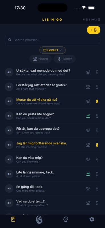 Phrase list screen
